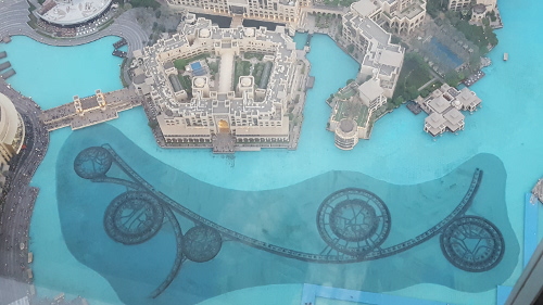 The Dubai Fountain as seen from atop the Burj Khalifa.