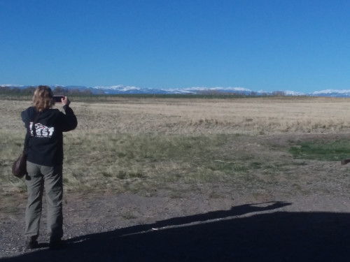 Leslie taking a picture of the snowy mountains.