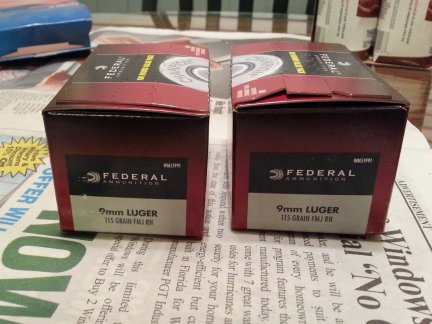 A box of Federal 9mm Luger 15gr FMJ RN ammunition.